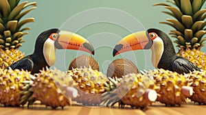 Two toucans using their long beaks to roll coconuts down the bowling lane narrowly avoiding knocking over a pile of