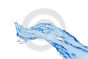 Touching hands made of liquid blue water on white