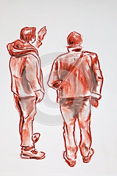 Two tourists discuss showplace - drawn three colored pencil graphic artistic illustration on paper photo