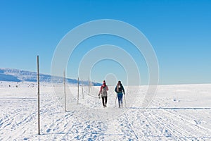 Two tourists walking in krkonose mountains, path from Silesian House to Meadow Hut, winter morning. Along the road are wooden long
