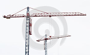Two tower cranes. Hoisting crane in white background