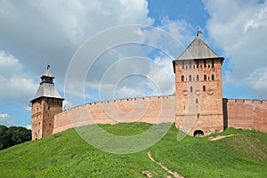 Two towers of the Kremlin of Veliky Novgorod. Russia