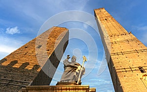 Two Towers (Le Due Torri Garisenda e degli Asinelli) as symbols of medieval Bologna, Emilia-Romagna, Italy