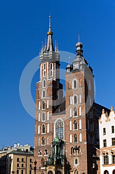 Two towers of St. Mary's Basilica on main market sguare in cracow in poland