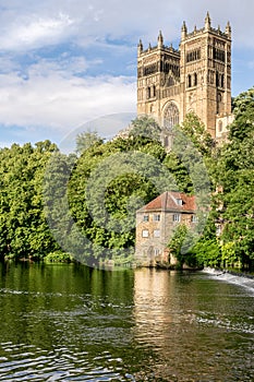 Two towers sticking up through a forest and a boat house