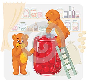 Two toy bear stealing cherry juice.