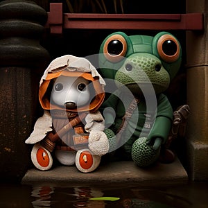 two toy figures sit by the water