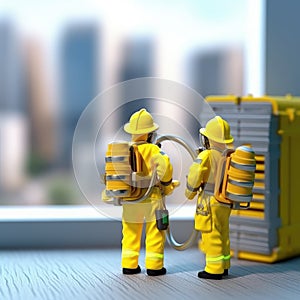 Two toy firemen standing next to each other in front of window