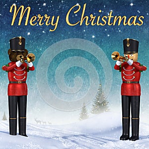Two toy soldiers playing trumpets in snow. photo