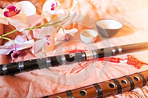 Two traditional chinese bamboo dizi flutes photo
