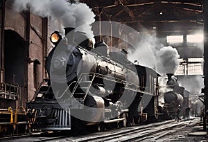 two train engine locomotives are sitting in a building in a station