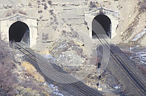Two train tracks and two tunnels in Concept, Utah