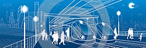 Two trains at the station. Passengers make a landing in transport. Urban infrastructure illustration. Vector design art