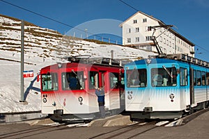 Two trains on the top of Mt. Rigi, Switzerland