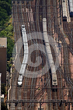 Two trains on tracks