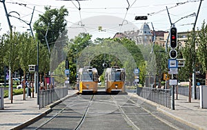 two trams for the transport of tourists in the city of Budapest capital of Hungary in Europe