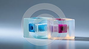 Two translucent cubes with a hole in the center and different colored liquids inside them, sitting on top of a surface