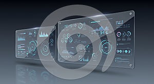 Two transparent digital interfaces display various data visualizations, including