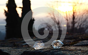 Two trasparent quartz at the sunset