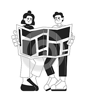 Two travelers looking on map monochromatic flat vector character