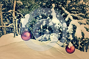 Two Tree Hanging Red Christmas Baubles - Retro, Faded