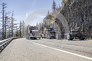 Two tree log carrier big rig semi trucks with semi trailers met on a mountain road moving towards each other