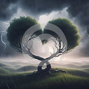 Two trees bend in the storm.