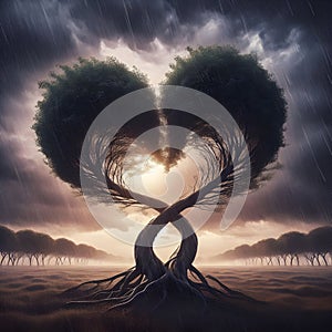 Two trees bend in the storm.