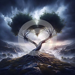 Two trees bend in the storm.