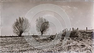 Two trees and a fence in a vintage landscape