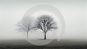 two trees in heavy morning fog landscape, background, wallpaper, generative AI