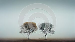 two trees in heavy morning fog landscape, background, wallpaper, generative AI