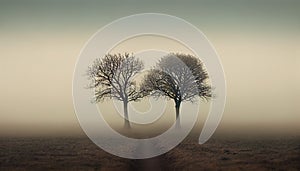 two trees in heavy morning fog landscape, background, wallpaper, generative AI