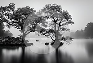 two trees on a rock out in the fog next to a lake