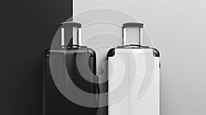 Two trendy travel suitcases on black and white split background. Top view. Travel concept. Generative AI