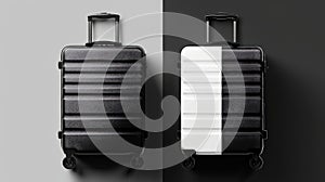 Two trendy travel suitcases on black and white split background. Top view. Travel concept. Generative AI