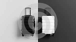 Two trendy travel suitcases on black and white split background. Top view. Travel concept. Generative AI