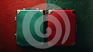 Two trendy travel suitcases on red and green split background. Top view. Travel concept. Generative AI