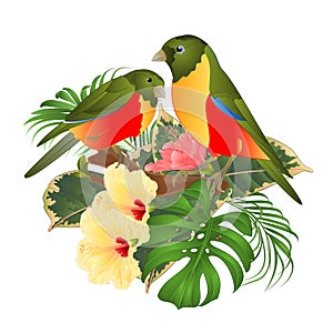 Two tropical birds   bouquet with tropical flowers hibiscus on a branch palm,philodendron on a white background vintage vector