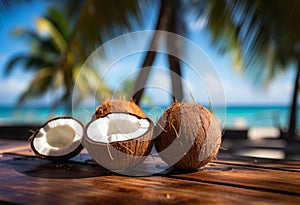 Two Tropical Coconuts Resting on a Rustic Wooden Table With Serene Beachscape