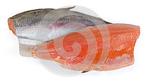 Two trout fillet on the skin on a white background