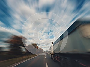 Two trucks is driving on an empty highway
