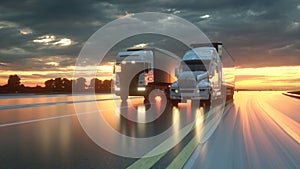 Two trucks on the road, highway. Transports, logistics concept. 3d rendering