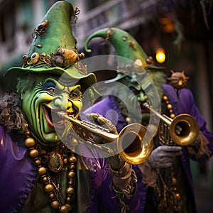 Two trumpet players in carnival, spooky costumes. Carnival outfits, masks and decorations