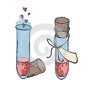 Two tube-tests with hearts icon in hand drawn style. Love elixir