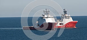 Two Tugs in the bay, off of Noss-head near Wick, Caithness, Scotland, UK