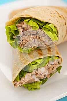 Two tuna melt wrap on a white plate