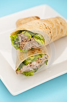 Two tuna melt wrap on a white plate