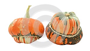 Two turban squash, one with stem, one showing striped gourd
