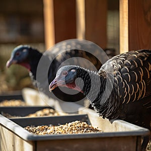 Two turkeys are feeding on pile of food in a farm. They are pecking at grains and seeds scattered on the ground